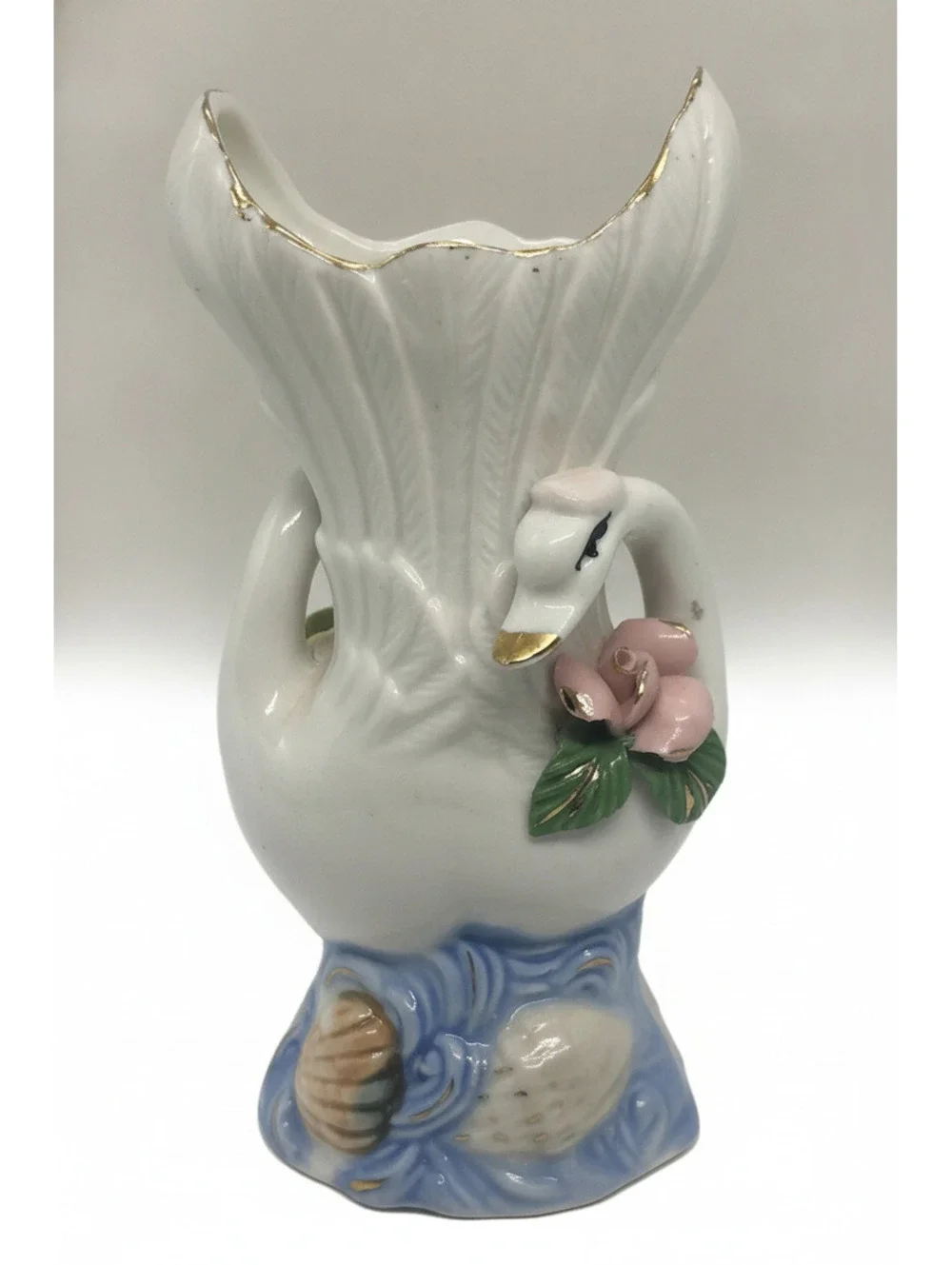 Vintage Ceramic Swan Bud Vase Gold Trim and Floral Accents, 5 Inch Cottage Decor
